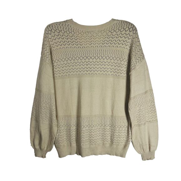 Zeagood Women XL Khaki Eyelet Sweater V-Neck Drop Shoulder Dressy Knit Top - Picture 2 of 4